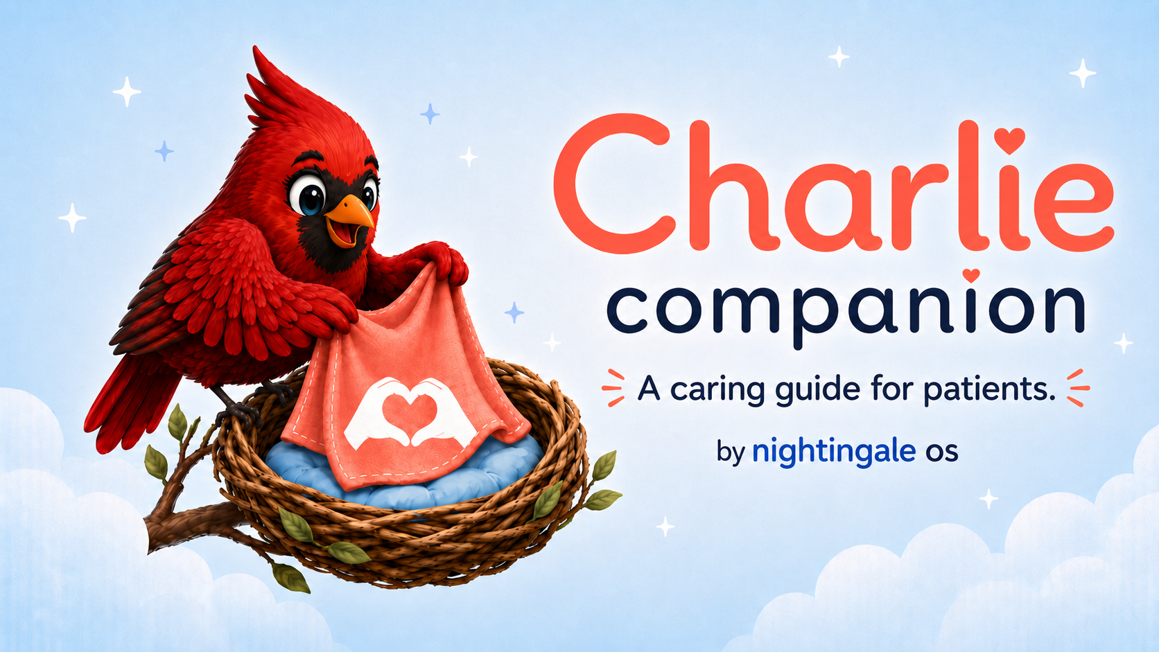 Charlie Companion — a red cardinal tucking a heart-hands blanket into a nest, the patient-facing guide