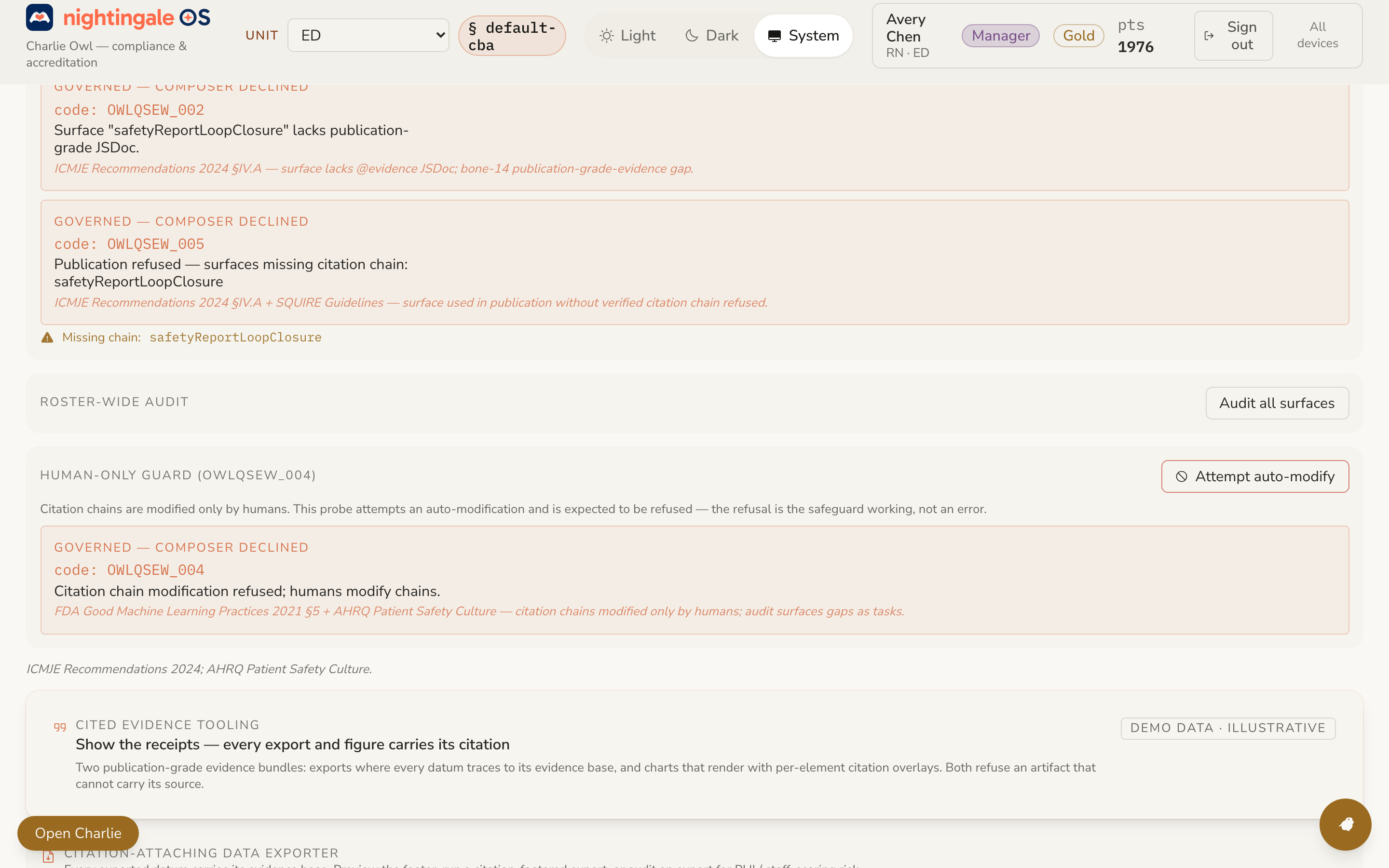 Screenshot of an Owl evidence-loop refusal — a machine-readable code naming the policy and the citation instead of a fabricated result