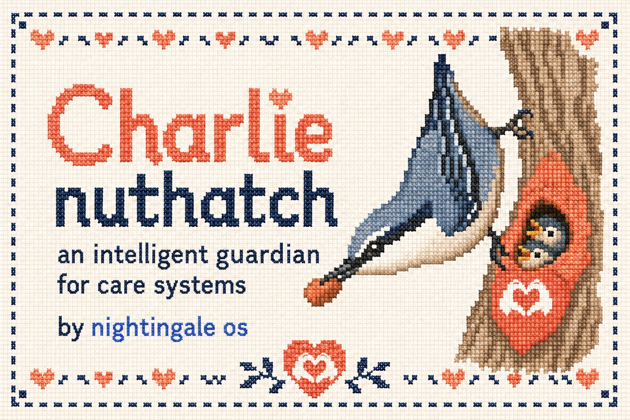 Cross-stitch sampler: Charlie the nuthatch stitched in blue and coral thread, perched head-down on a tree trunk beside two chicks in a heart-marked nest pocket. The stitched text reads: Charlie nuthatch — an intelligent guardian for care systems — by nightingale os. The stitching predates the product language; the claim that stands is in the caption and the footer.